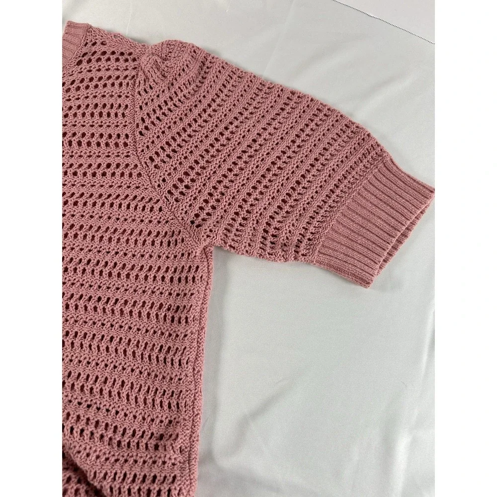 Sonoma Women Crochet Sweater XL Pink Short Sleeve Cotton Knit Boho Pullover